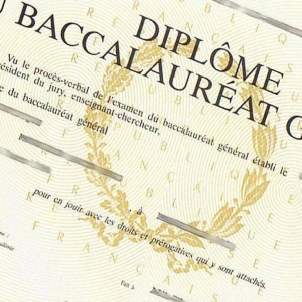 Diplôme de baccalauréat général français officiel, certificat avec laurier doré et sceau.
