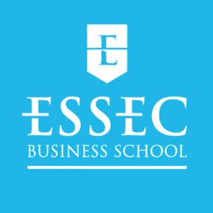 Logo ESSEC blanc sur fond bleu, école de commerce française.