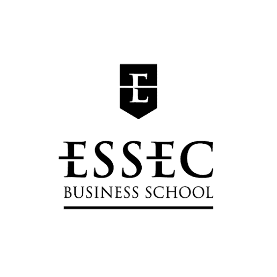 Logo ESSEC, école de commerce, noir et blanc, emblème en écu et lettrage serif.