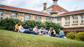 Groupe détudiants sur pelouse de campus discutant et travaillant en extérieur.