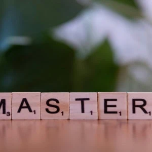 Tuiles en bois «MASTER» style Scrabble sur surface réfléchissante, flou artistique en arrière-plan.