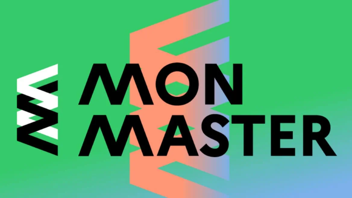 Affiche MON MASTER verte avec typographie noire et ruban dégradé géométrique.