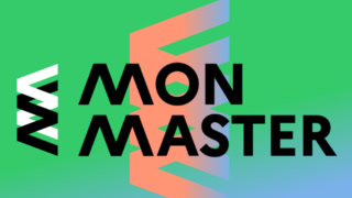 Affiche MON MASTER verte avec typographie noire et ruban dégradé géométrique.