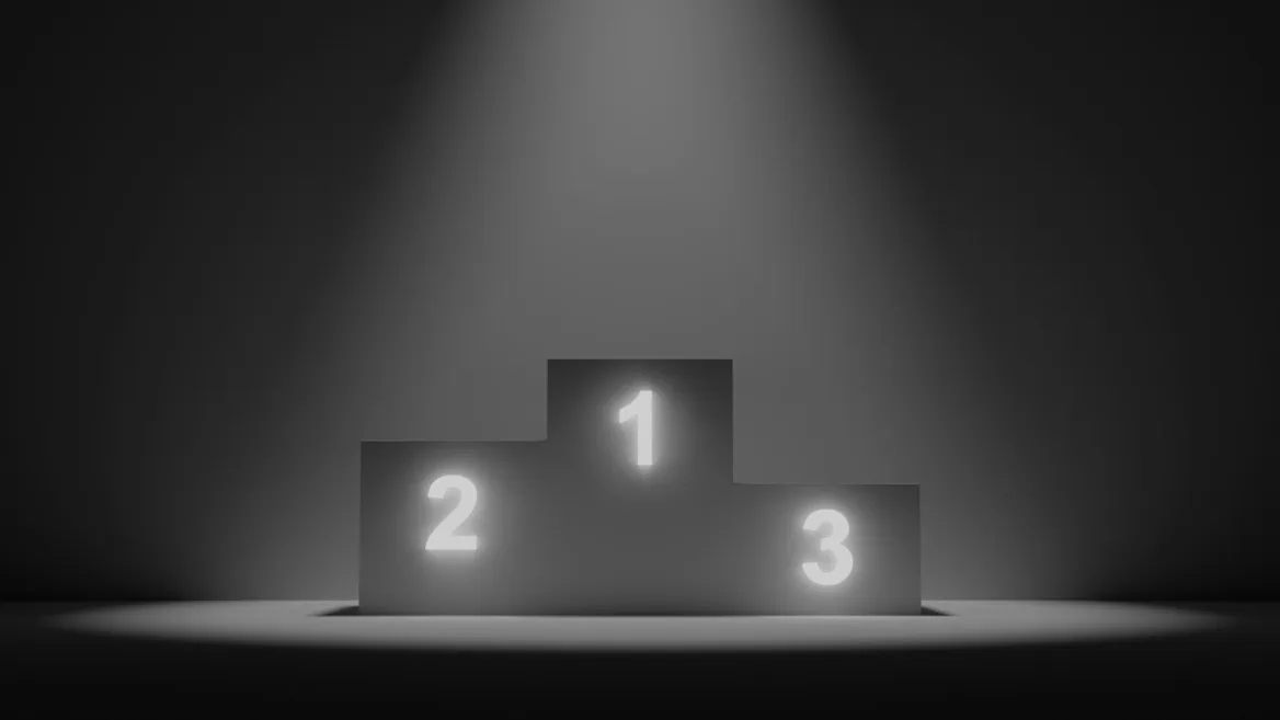 Podium minimaliste 1-2-3 avec numéros lumineux, fond sombre, scène de victoire.