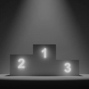 Podium minimaliste 1-2-3 avec numéros lumineux, fond sombre, scène de victoire.