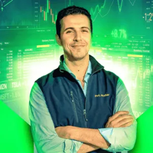 Portrait de courtier PnL Maker, expert trading en direct avec graphiques boursiers.
