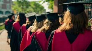 Remise de diplômes : procession détudiants en toges noires et capes rouges.