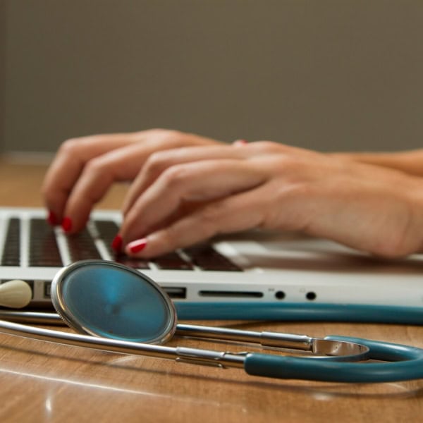 Stéthoscope près dordinateur portable et mains tapant, téléconsultation et dossier médical.