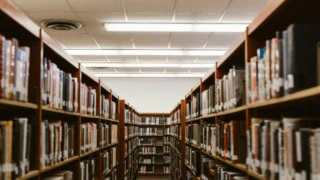 Allée de bibliothèque bordée détagères en bois et livres, perspective profonde.