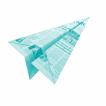 Avion en papier de journal teinté cyan, plié, texture trame minimaliste.