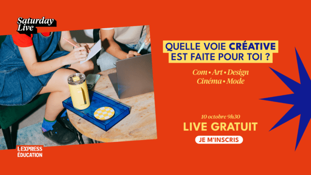 Atelier créatif en live 10 octobre : orientation métiers créatifs (art, design, cinéma, mode), inscription gratuite.