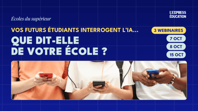 Affiche webinaires IA pour écoles du supérieur, dates 7–8–15 oct., étudiants et smartphones.