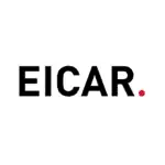 Logotype EICAR noir minimaliste avec point rouge, typographie géométrique.