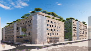 Immeuble contemporain à terrasses végétalisées, façade en pierre et écran métallique, toit planté.