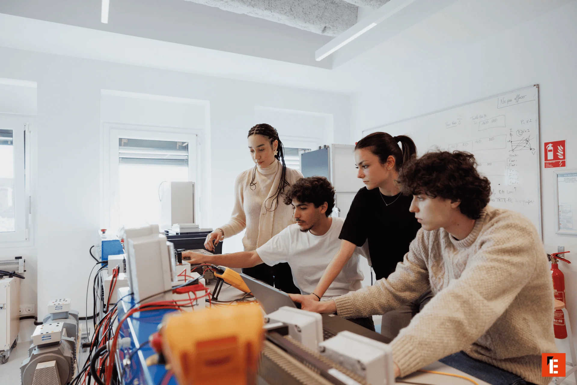 Labo électronique : groupe détudiants travaillant sur postes, multimètres et câbles.