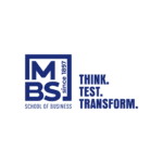 Logo bleu marine minimaliste décole de commerce depuis 1897, slogan: Pensez. Testez. Transformez.