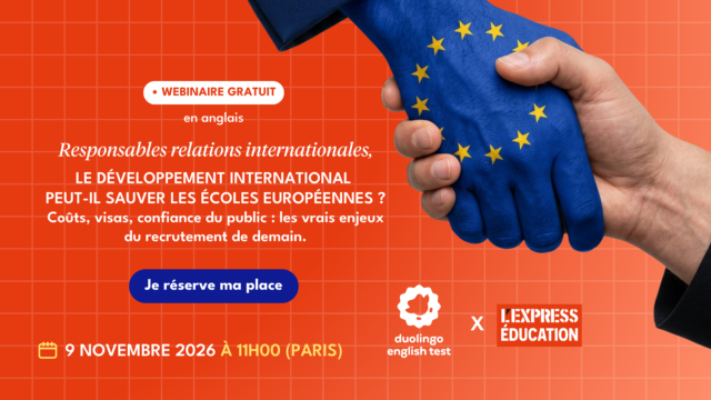 Webinaire développement international et recrutement écoles européennes, poignée de main drapeau UE.
