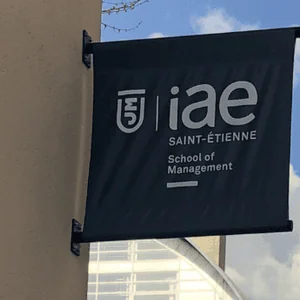 BanniĂšre IAE Saint-Ătienne, Ă©cole de management sur façade, logo visible, ciel bleu.