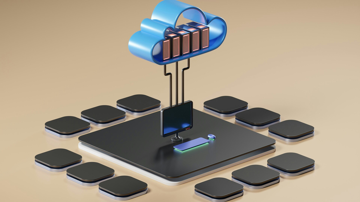 Illustration 3D dinformatique en nuage, serveurs, station de travail et réseau distribué.